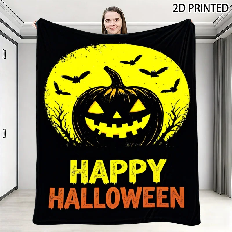 Halloween Themed Throw Blanket with Glowing Yellow Full Moon, Smiling Jack - O' - Lantern, Flying Bats & Twisted Bare Branches P