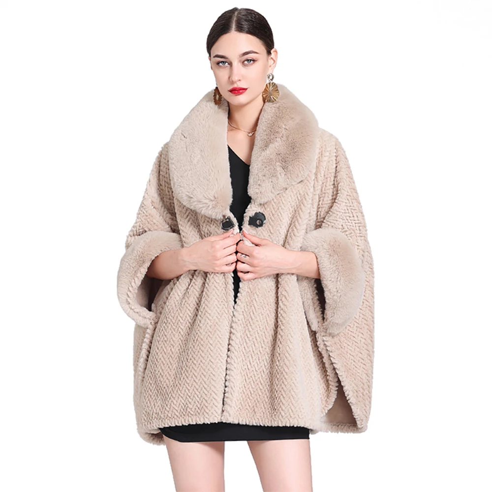 Women Fleece Lining Faux Fur Shawl Lady Fluffy Woolen Coat Winter Keep Warm Cardigan Wrap Luxury Warm Overcoat One Button Cloak