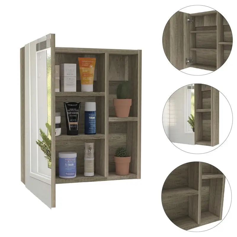 

Medicine Cabinet Mirror, Five Shelves, Pine Finish, Stylish Storage Solution for Bathroom Organization