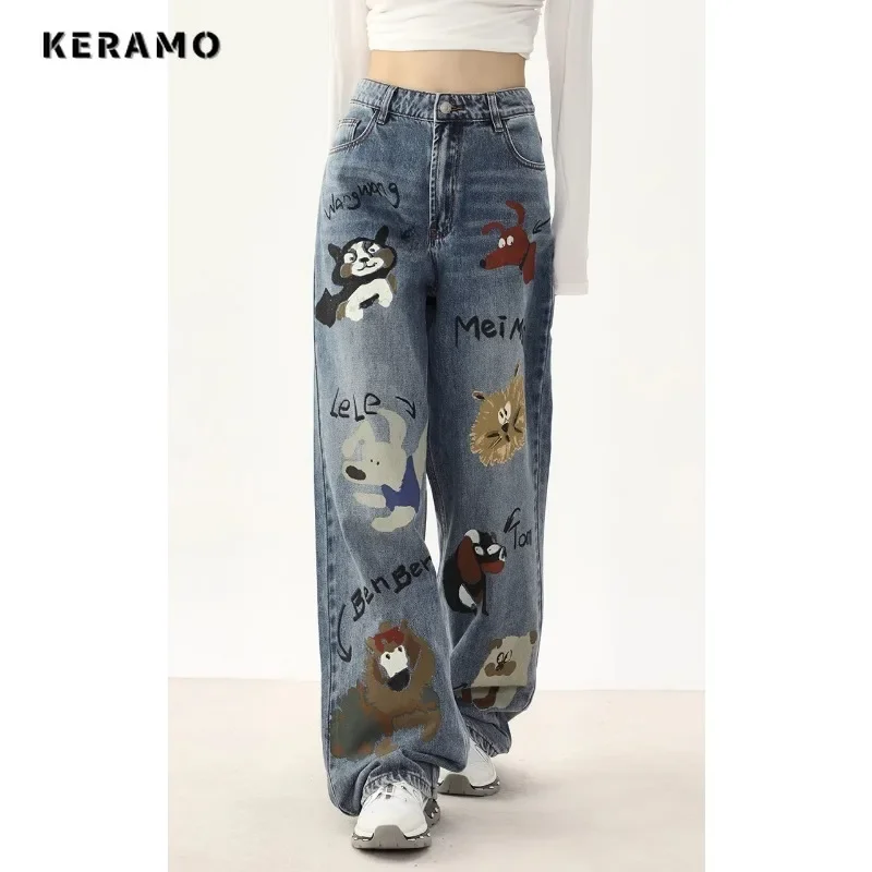 Vintage Casual High Waist High Street Style Straight Jeans Sweet Animals Print Pants Women\'s Wide Leg Baggy Y2K Denim Trouser