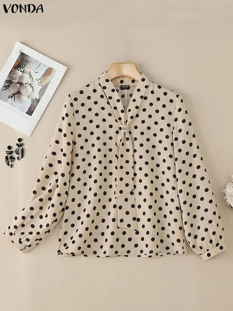 

Модные рубашки VONDA, элегантная офисная женская блузка, женская блузка с длинным рукавом, весна-осень, повседневная уличная одежда в горошек с v-образным вырезом, Blusas, топы