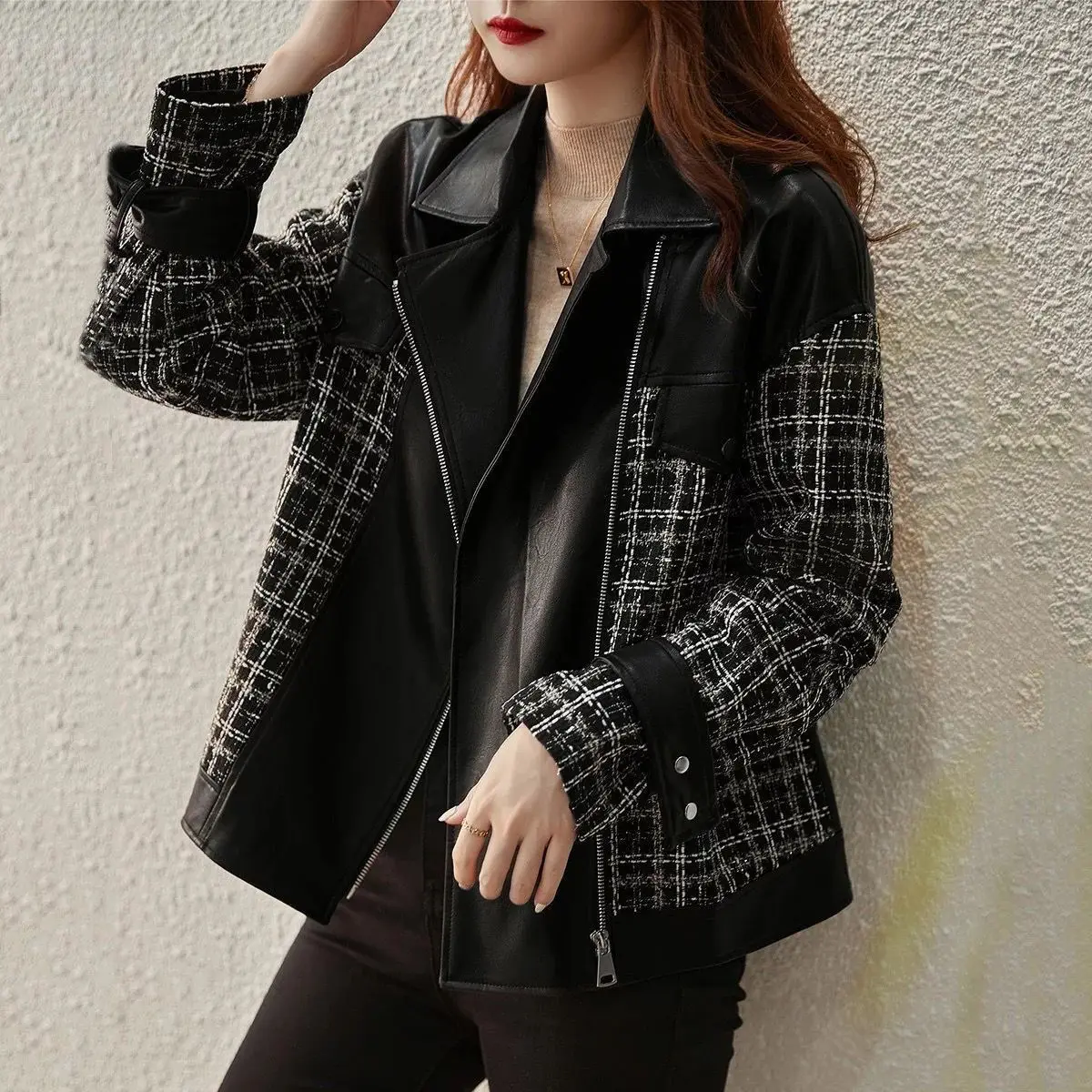 

Autumn and Winter Coat Women's Fashion Motorcycle Leather Coat 2022 New Short Pu Leather Coat Splice Tweed Plaid Jacket Women