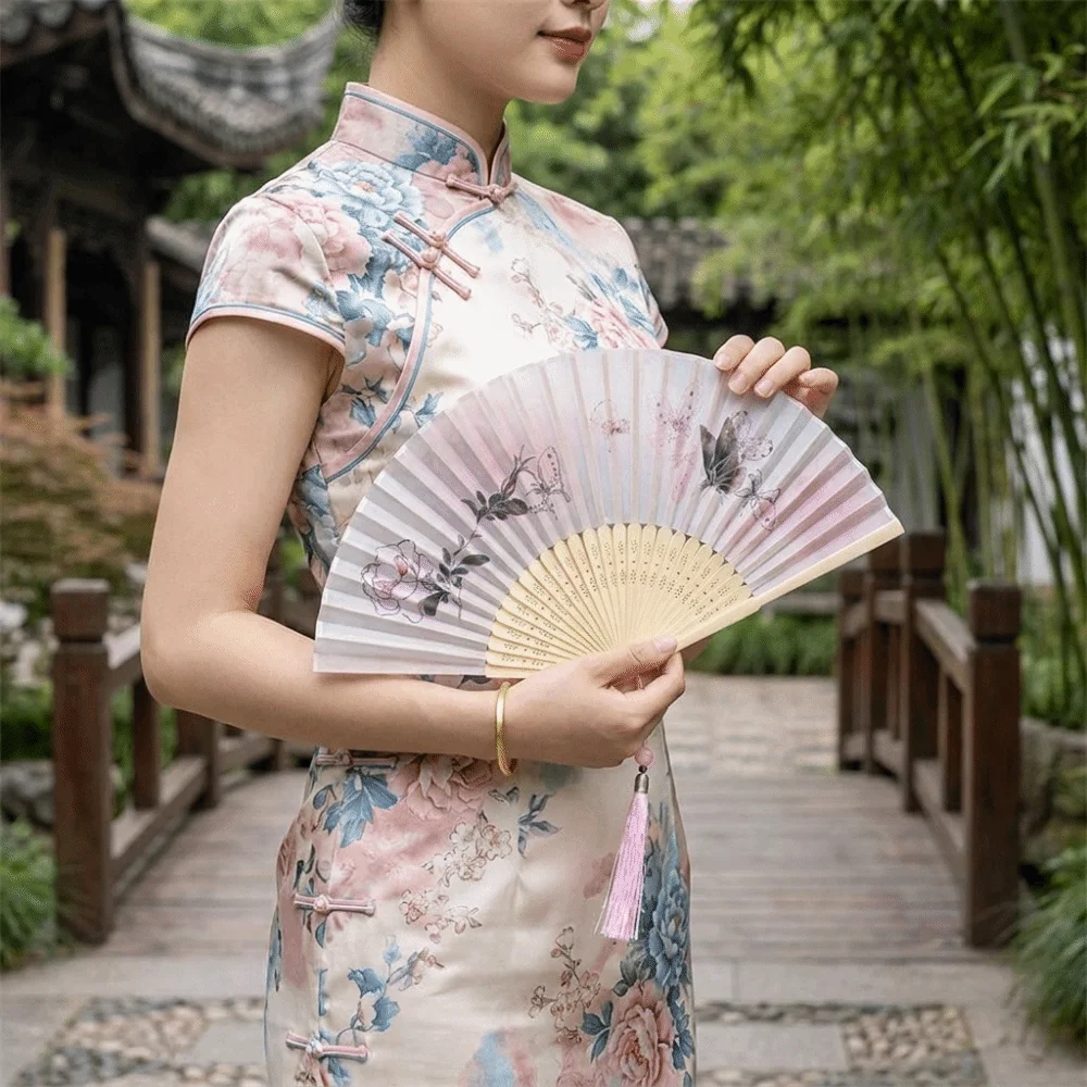 Daily Use Retro Folding Hand Fan Lotus Design Wooden Handle Chinese Style Fan with Tassels Classical Handheld Fan Festival