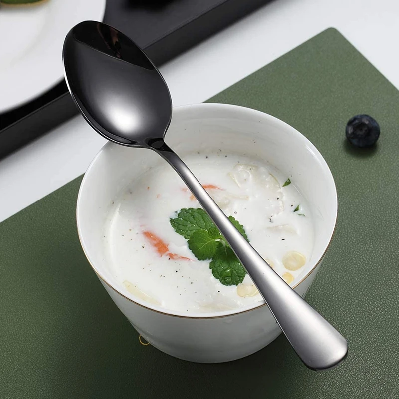 ช้อนสแตนเลสสตีลชุบทองไทเทเนียมสีดำช้อนทองคำสีดำช้อนขนมหวานเงินเครื่องล้างจาน6ชิ้น