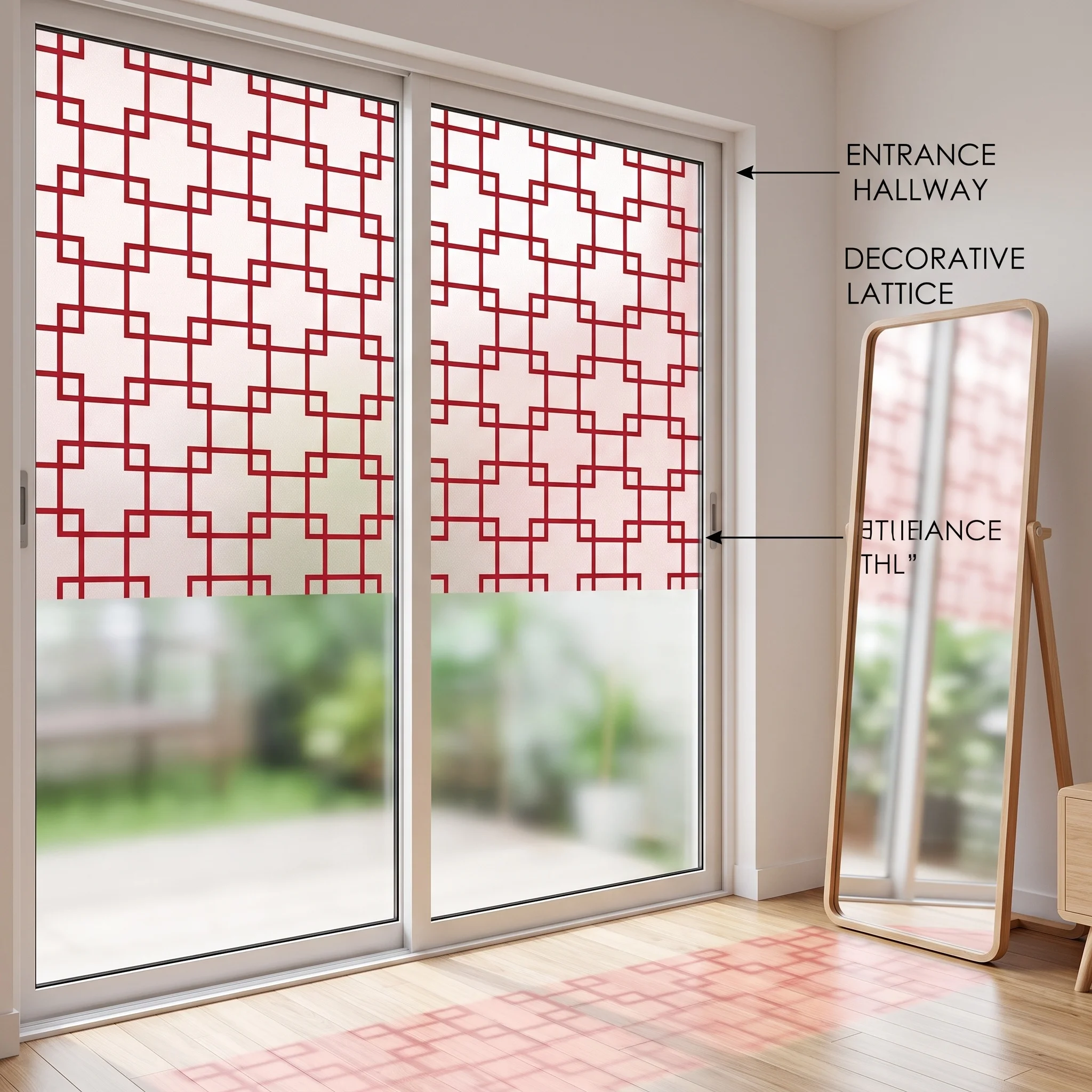 Waterproof Self‑Adhesive Window Film Oriental Reddish‑Brown Maze Lattice Pattern Privacy Glass Sticker for Hallway Tea Room Home