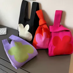 Bolso de mano de punto de flores coreanas minimalistas para mujer, bolso de hombro de ganchillo de moda, bolso de compras tejido para mujer