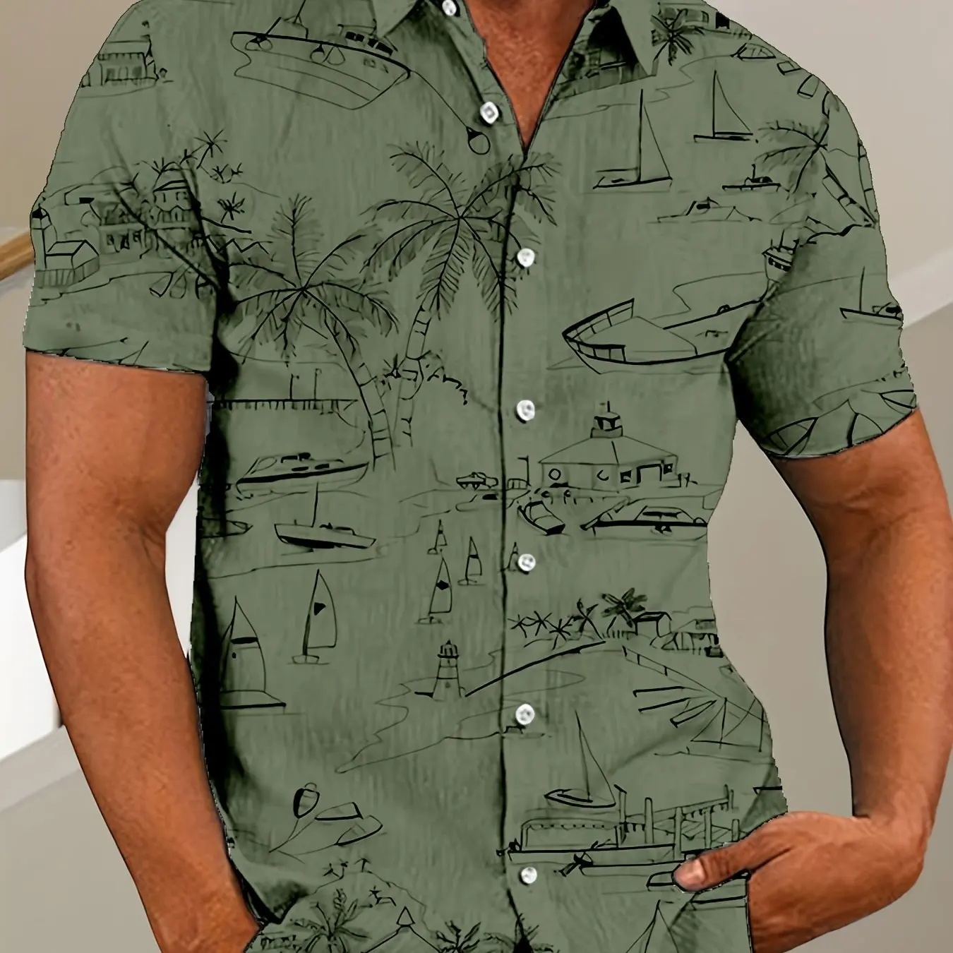 Chic design men's sketch style coconut tree and sailboat pattern short sleeve button down shirt, stylish casual tops