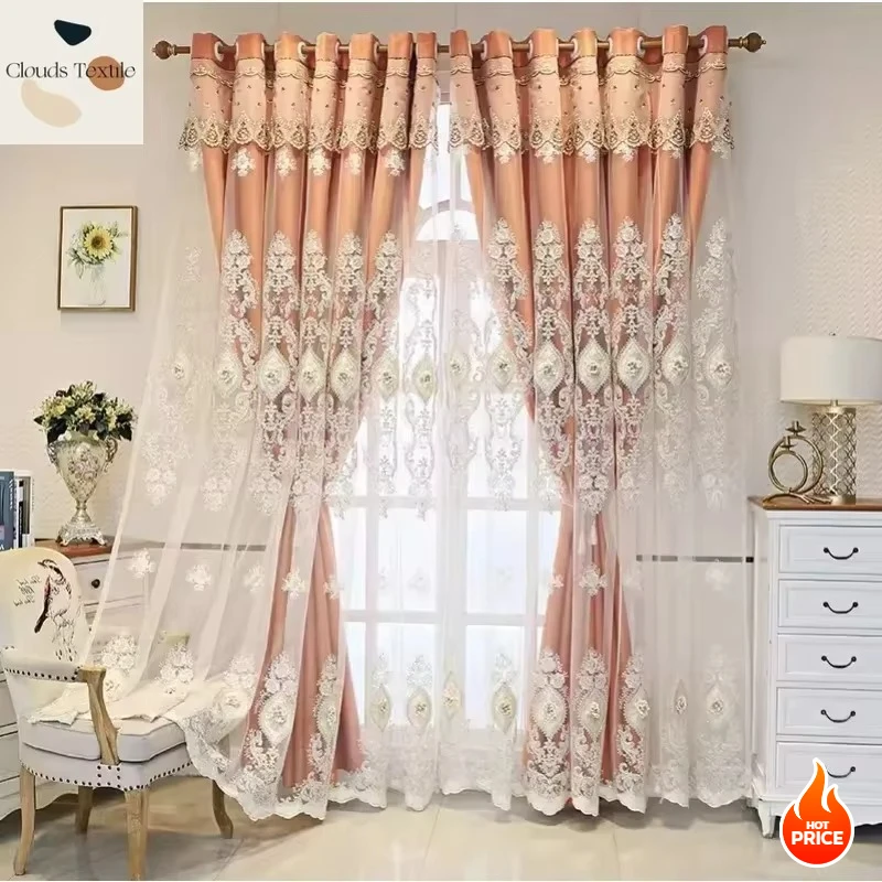 Double-Layer Curtains for Living Room Bedroom Dining Custom European Style Curtain Yarn Relief Embroidery Window Customize