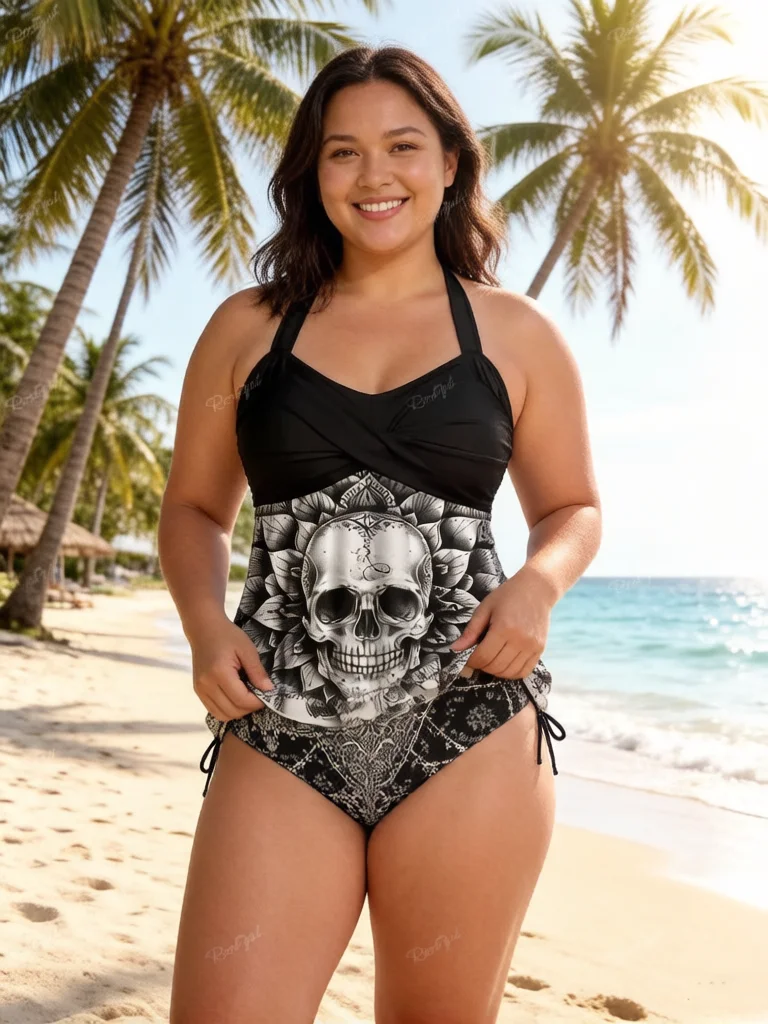 

Комплект готического бикини ROSEGAL Y2K для женщин: танкини с принтом черепов и цветов, завязками на шее, открытой спиной и утягивающимся поясом, а также плавки-шорты с завязками по бокам.