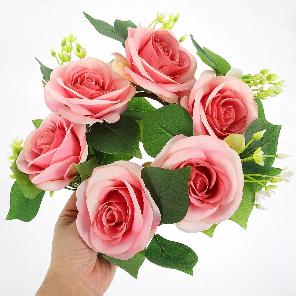 

2pcs Artificial Rose Wreath Wedding Decorative Floral Ring Faux Candlestick Tabletop Centerpiece Pillar