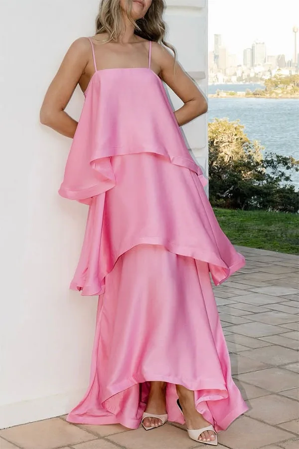 2026 Sommer Neues Freizeit-Urlaubskleid Elegantes Trägerkleid aus Satin mit Lagenoptik Partykleid Ärmelloses Ausgehöhltes Strand-Maxikleid für Damen