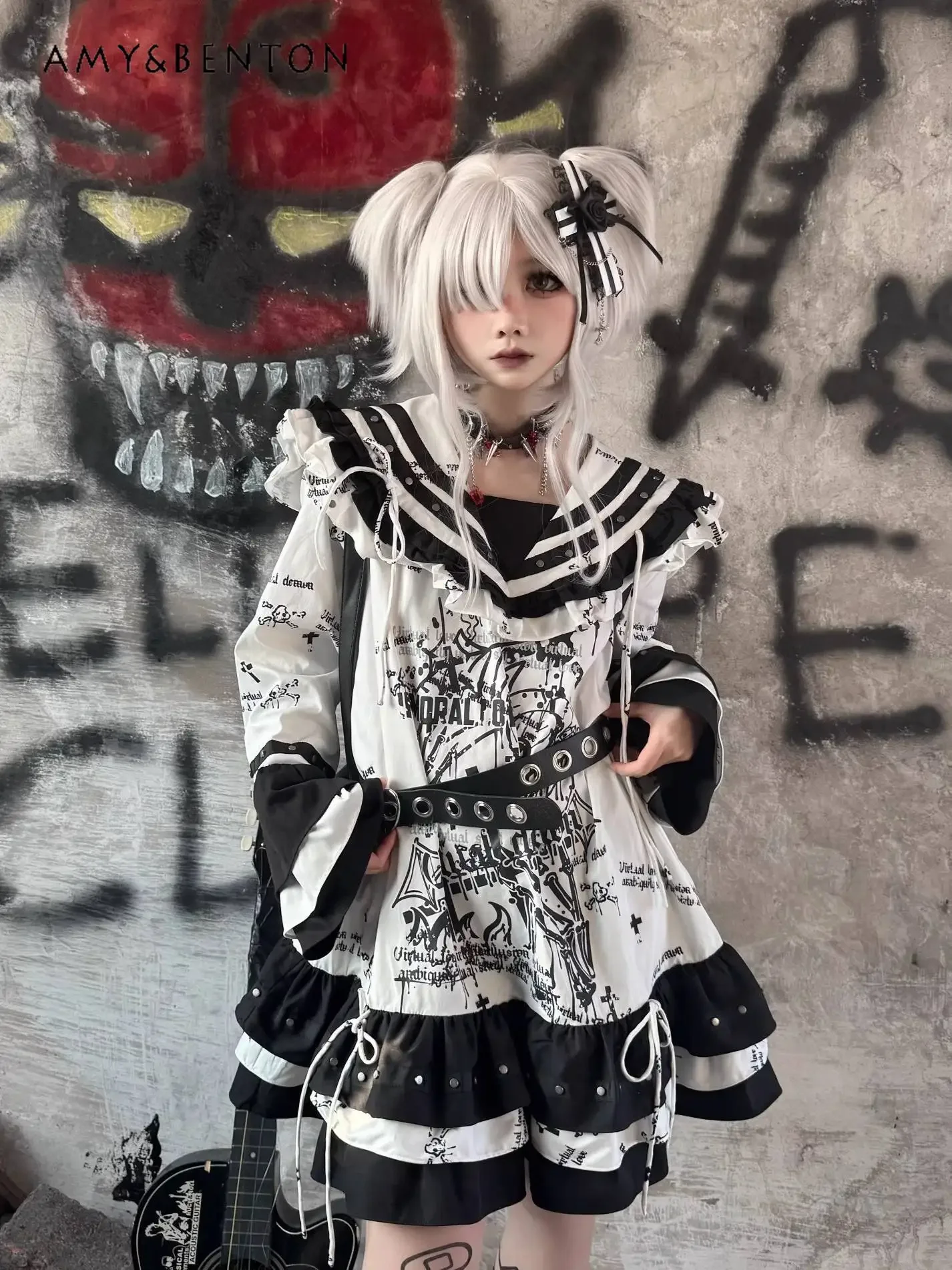 اليابانية Jk بحار دعوى الظلام فتاة ثقافة فرعية الكرتون طباعة كشكش حافة البحرية طوق فستان بكم طويل القوطي Y2K فساتين نمط فاسق