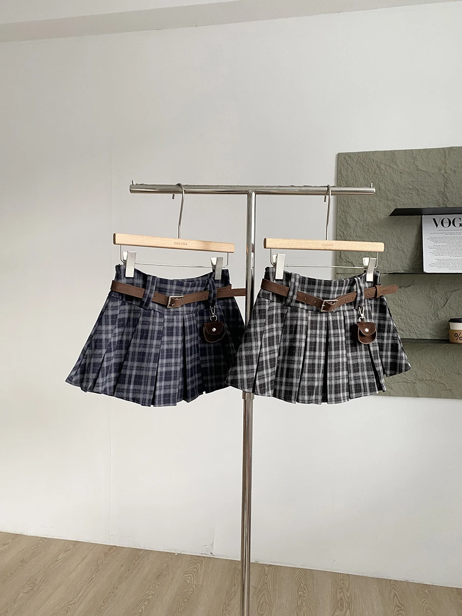 Damska spódnica mini z wysokim stanem na jesień i zimę, z mieszanki wełny, plisowana, w stylu streetwear, vintage, w kratę, krótki fason A-line.