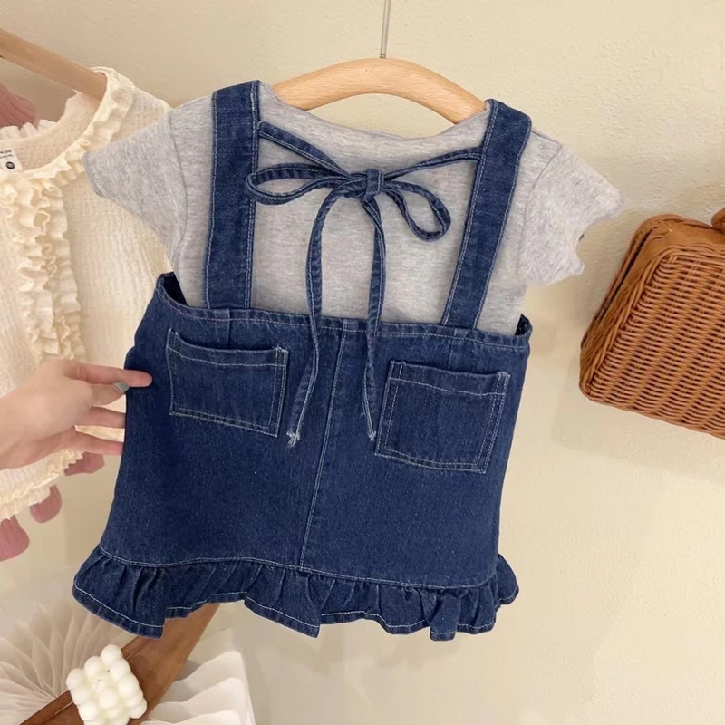 Summer Girls\' Clothing Sets Casual Style Pocket Denim Suspender Dress +Short Sleeve 2Pcs Baby Kids Children Clothes Suit