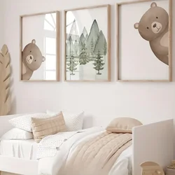 Forest Peeking Bear Print Posters Children Cute Cartoon Animal Canvas Painting Baby Bedroom Nursery Wall Art Decoration Pictures