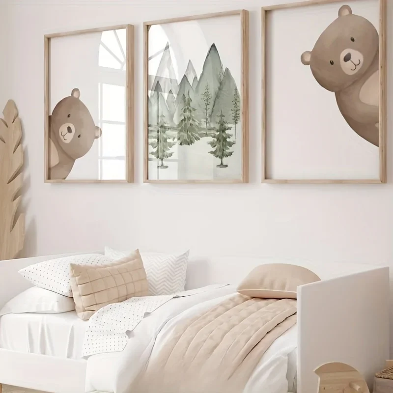 Forest Peeking Bear Print Posters Children Cute Cartoon Animal Canvas Painting Baby Bedroom Nursery Wall Art Decoration Pictures
