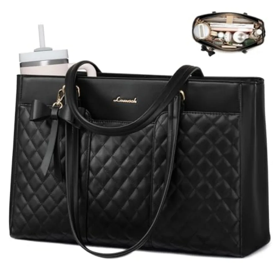 

Laptop Tote Bag for Women, Work Bags PU Leather Teacher Tote Bag, Waterproof Quilted Computer Bag for Office Professional Brief