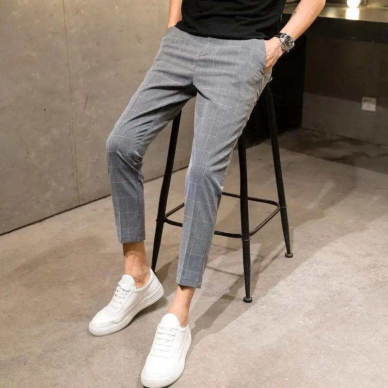 Size 28-34 Men Plaid Ankle-length Pants Casual  Korean Style Straight Slim  Chinos  Trousers No Ironing