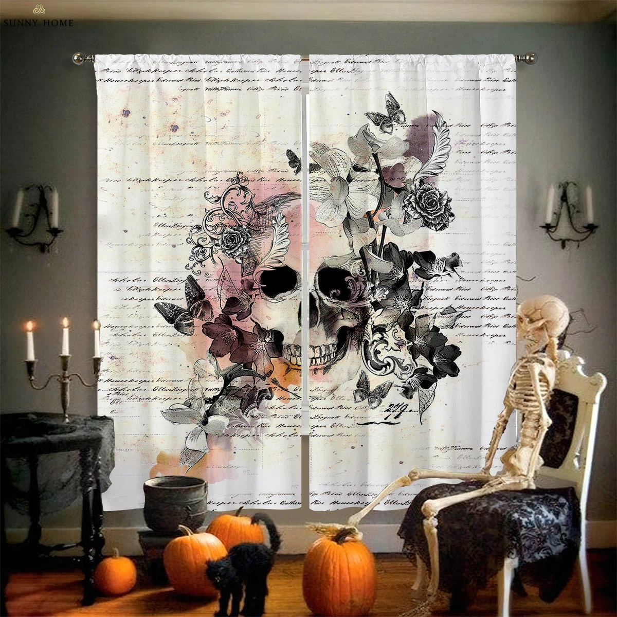 

Floral Skull 3D Printed Curtains High Quality Black Silk Heat Insulation Blackout Curtains Bedroom Study Living Room Curtains