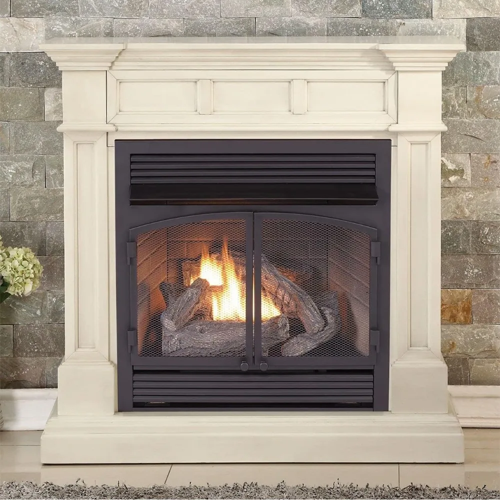 Dual Fuel Ventless Gas Fireplace System with Mantle, Remote Control, 6 Fire Logs, Use with Natural Gas or Liquid Propane