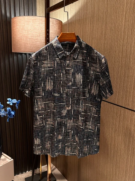 

Modern Retro High Quali Silk Series Men's ort Sve irt Summer New Arrival Stand Fit Printed Silk Blend Moisture Wi...