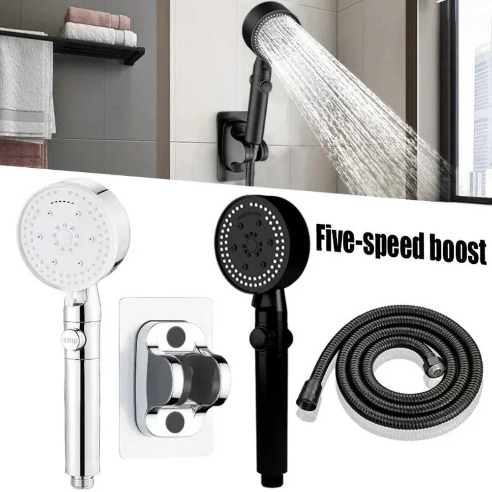 

Shower Head 5 Modes Adjustable High Pressure Shower Head with One Touch Water Stop Shower Bracket Hose Bathroom Accessories
