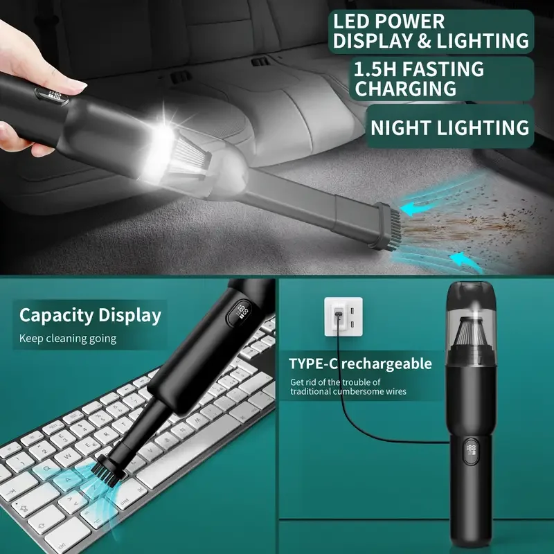 20KPA Handheld Car Vacuum Cleaner Cordless Portable Vacuum Powerful Suction Vacuum with LED Light 2-in-1 Air Inflator Vac
