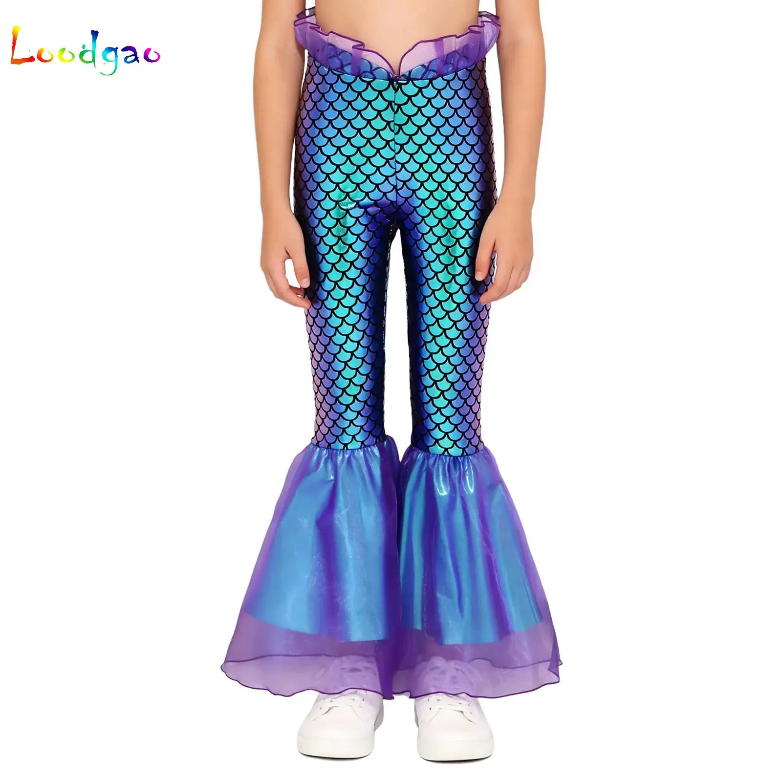 Children Girls Fish Scales Bell Bottoms Pants Flare Trousers Halloween Carnival Theme Party Mermaid Princess Cosplay Costume