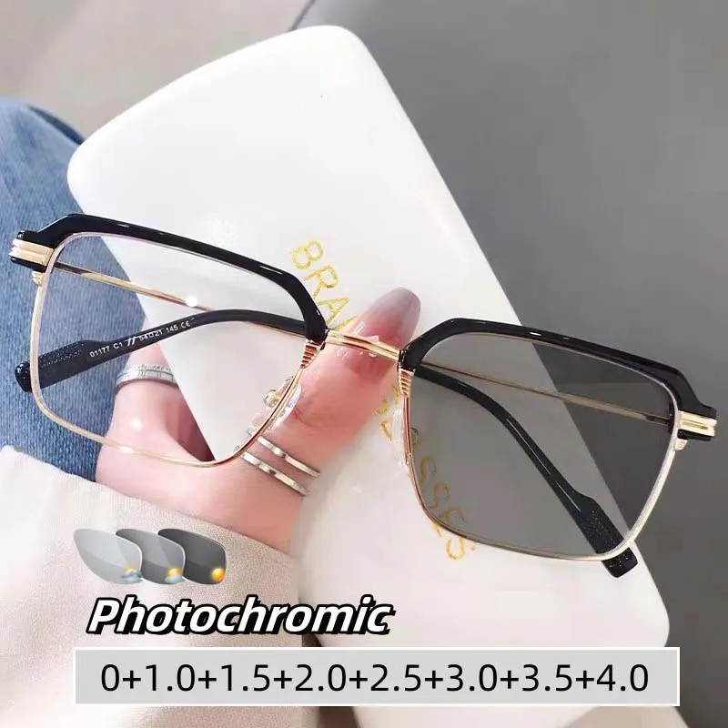 

2024 Men's Photochromic Reading Glasses Ultra Light Outdoor Color Changing Eyeglasses High Definition Far Sight Eyewear To +4.0