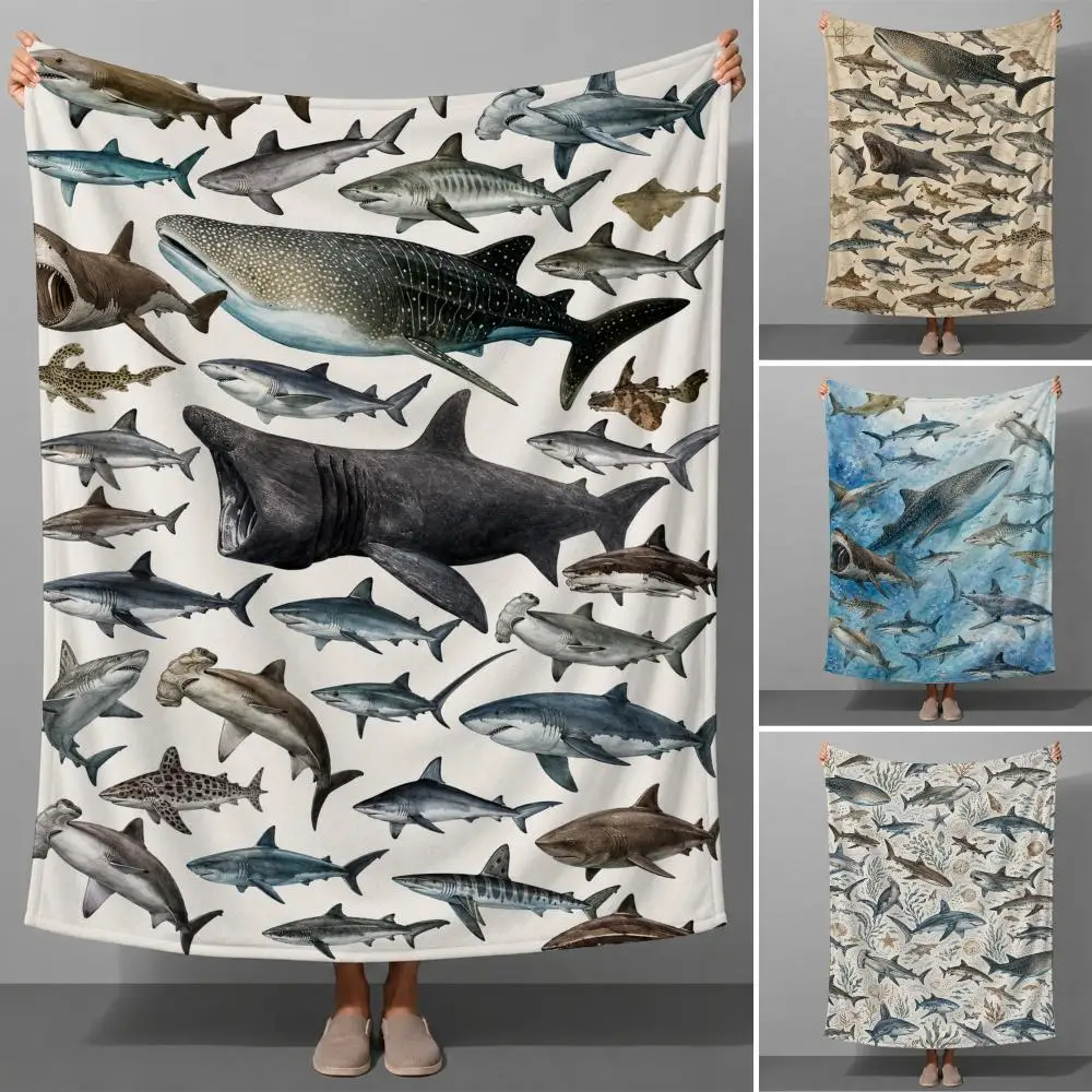 Retro Shark Art Ocean Wildlife Graphic Aesthetic Throw Soft Flannel Throw Blanket for Couch Bed Sofa Warm Cozy All Season