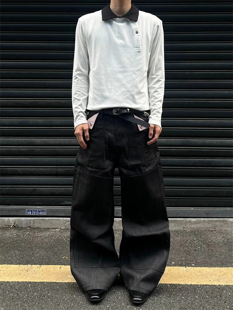 Men's Flip Up Design Pocket Black Jeans Street Casual Pants Wide Legs Sweatpants Boys Bottom Male High Waist Unisex Trousers