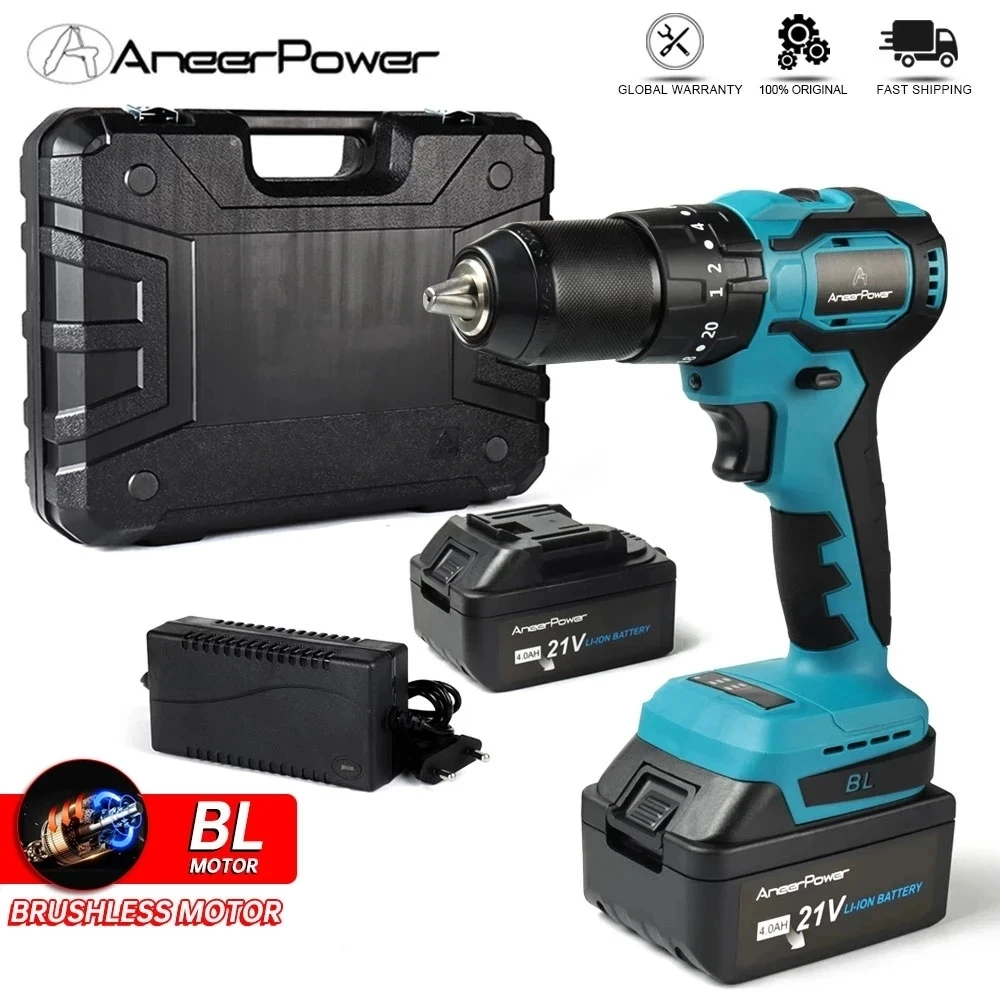 21V Cordless Brushless Screwdriver Impact 2 Speed Electric Wireless Drill Chuck 2-13MM For Makita Lithium Battery Drill 4000 mAh