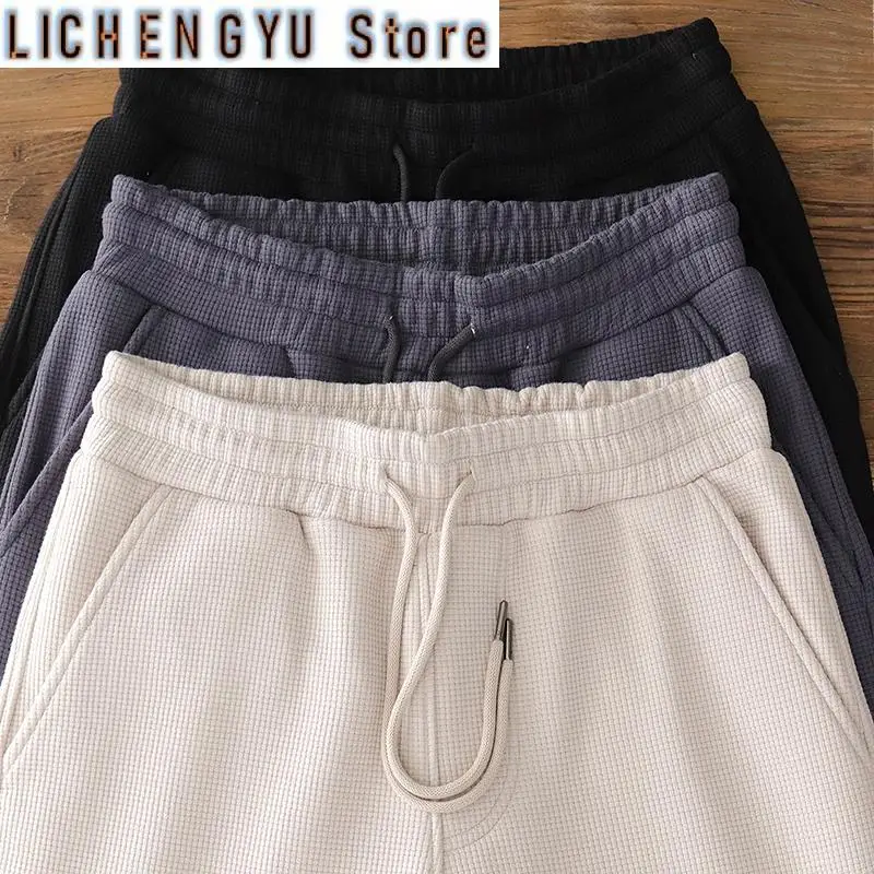 

Winter Japanese Retro Heavyweight Thick Velvet Waffle Knitted Sweatpants Men's Casual Sport Elastic Waist Drawstring Loose Pants