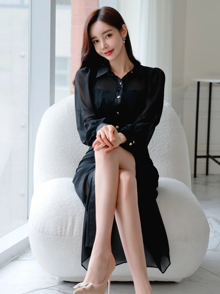 Abito professionale elegante stile camicia Abiti da donna Nero sexy trasparente trasparente a maniche lunghe Abito da lavoro femminile Abiti da strada