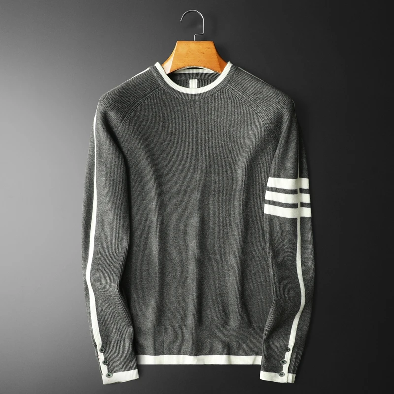

2023 Contrasting Color Stripe Print Men Long Sleeve Slim Knitted Pullover Sweater Social Dress Shirt Streetwear Clothing Gray