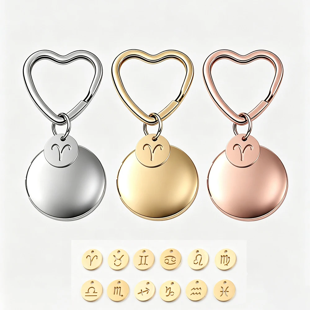 Fnixtar 10pcs Round Photo Locket Key Chain Stainless Steel Zodiac Pendant Key Ring Birthday Jewelry Gift