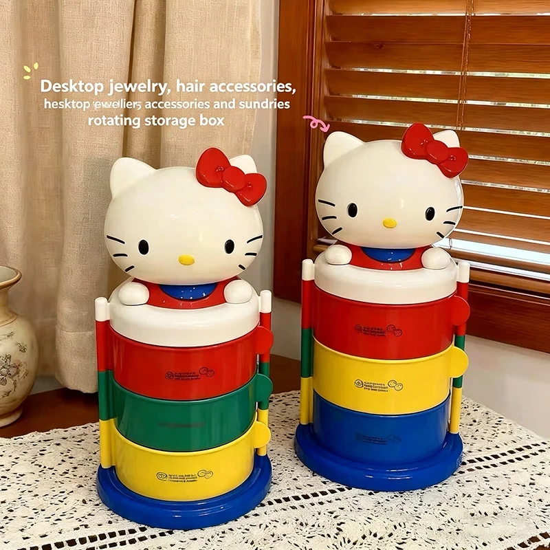 Cute Kitty Rotating Dustproof Storage Box INS Aesthetic Desktop Ornament Multifunctional Jewelry Organizer For Dorm