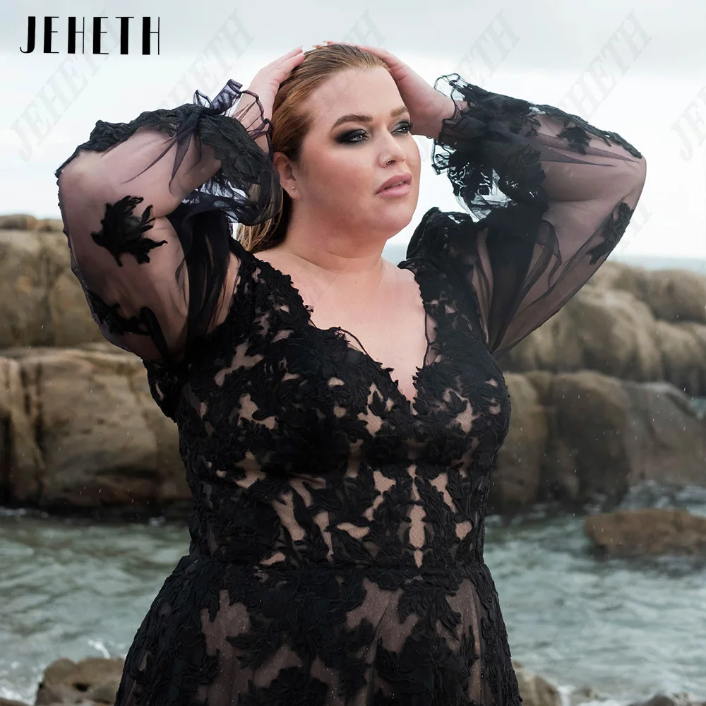 JEHETH Modern Wedding Dresses Preto Plus Size Puff mangas compridas Lace UpJEHETH Vestidos de casamento modernos Preto Plus Size Puff Mangas compridas Lace Up Vestidos de noiva A Linha Applique V-Neck vestidos de noiva