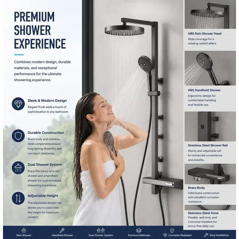Waterfall Shower System Solid Brass Wall Mounted Handheld Shower Head Mixer Tap Chrome for Projects