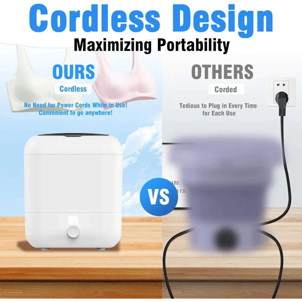 Portable Washing Machine, Rechargeable Cordless Mini Washing Machine with 2000mAh, Charge 1 Time and Up to Use 10 Times