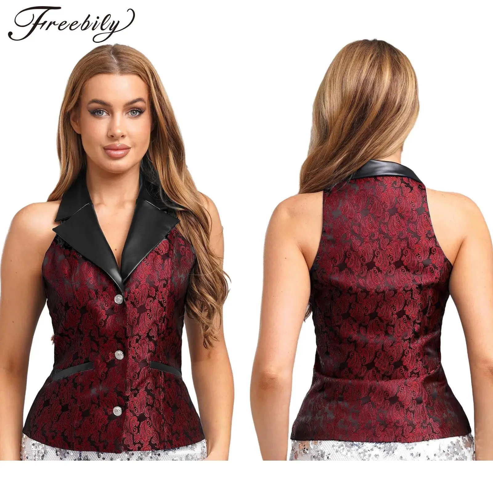 

Women Vintage Gothic Steampunk Jacquard Vest Outerwear Soft Leather Lapel Retro Waistcoat Halloween Theme Party Waitress Costume