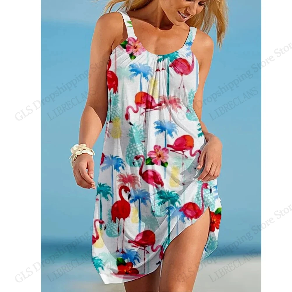 2026 Neues florales Damen-Flamingo-Strandkleid, ärmellos, elegantes Kleid, Damenmode, Sommer, Mini-Trägerkleid, Berufung, Bohemian-Stil