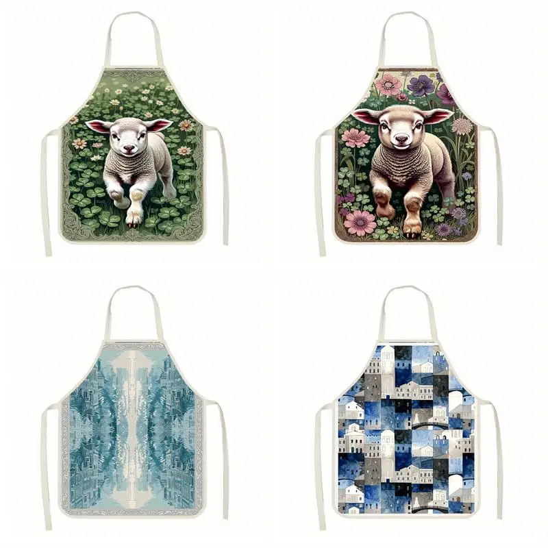 

Cute Lamb Pattern Aprons Linen Apron, Suitable For Kitchen Cooking, Parent-Child Interaction, Painting And Other Scenarios