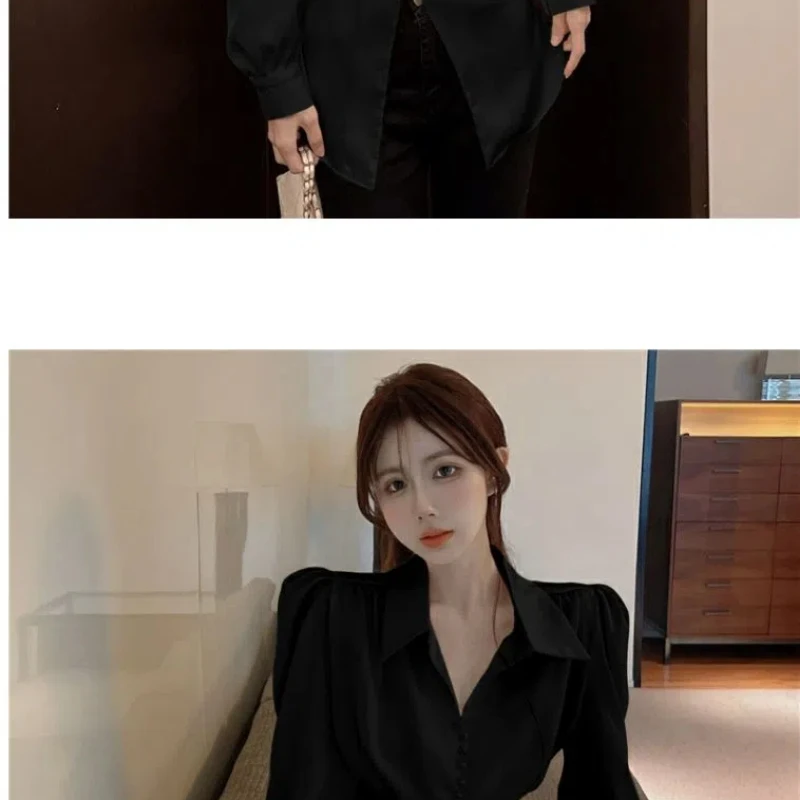 Fashion Bow Satin Shirt Spring Autumn Korean Temperament Tunic Puff Sleeve Button-down Shirts Solid Elegant Female Blouses Top