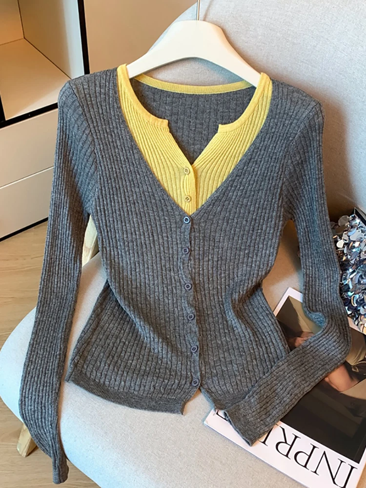 

Женский свитер с эффектом стройности, дизайнерский, премиум-класса, имитация двухслойного трикотажа, новинка ранней осени, корейский стиль...