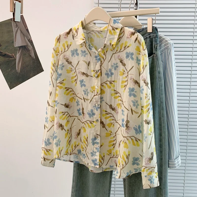 خريف ربيع جديد Sle خفيف الوزن طويل Sve مطبوعة irt ساحة طوق سترة فضفاضة للتنقل أوراق صفراء مجانية