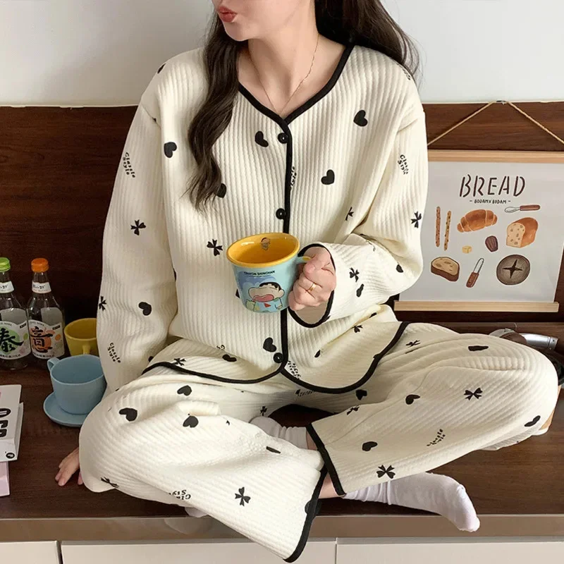 Bear Flower Print Pajamas Y2K Cardigan Princess Air Cotton Sandwich Pajamas Girls Cute Sweet Warm Loose Home Wear Set Hair New