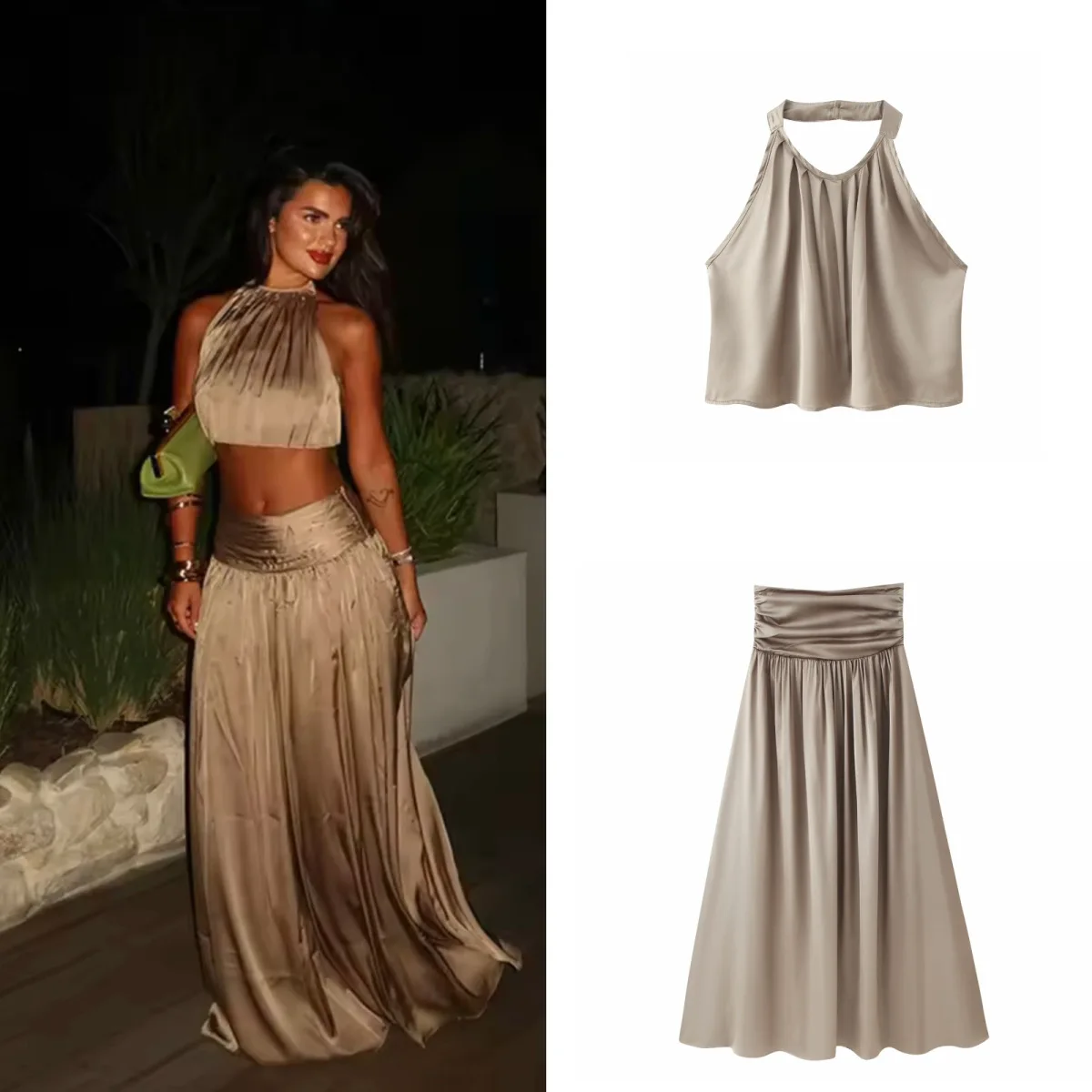 

Women's Fashion Casual Satin Top Skirt Set Women Satin Halter Crop Top And High Waist Midi Skirt Two Piece Set Pure Desire TVYO