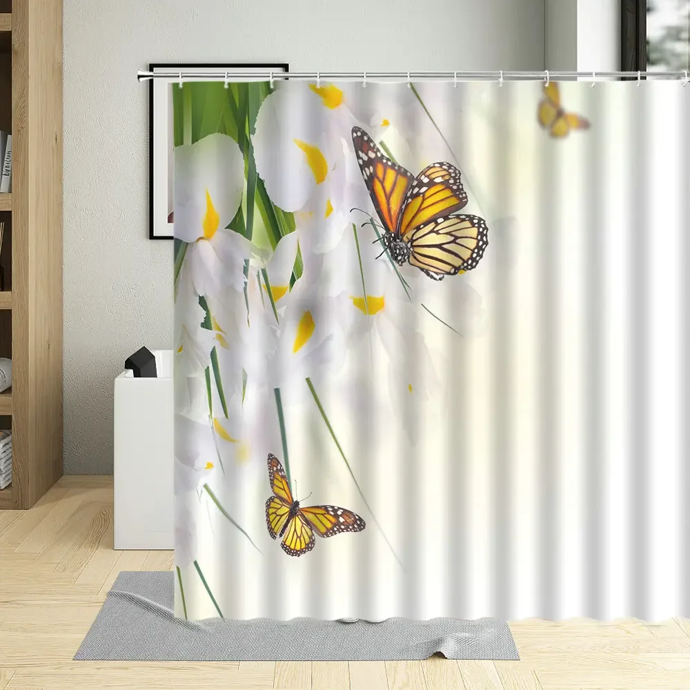 Spring Flowers Butterfly Shower Curtain Daisy Rose Orchid Floral Plant Home Decor Screens Waterproof Bathroom Curtains With Hook