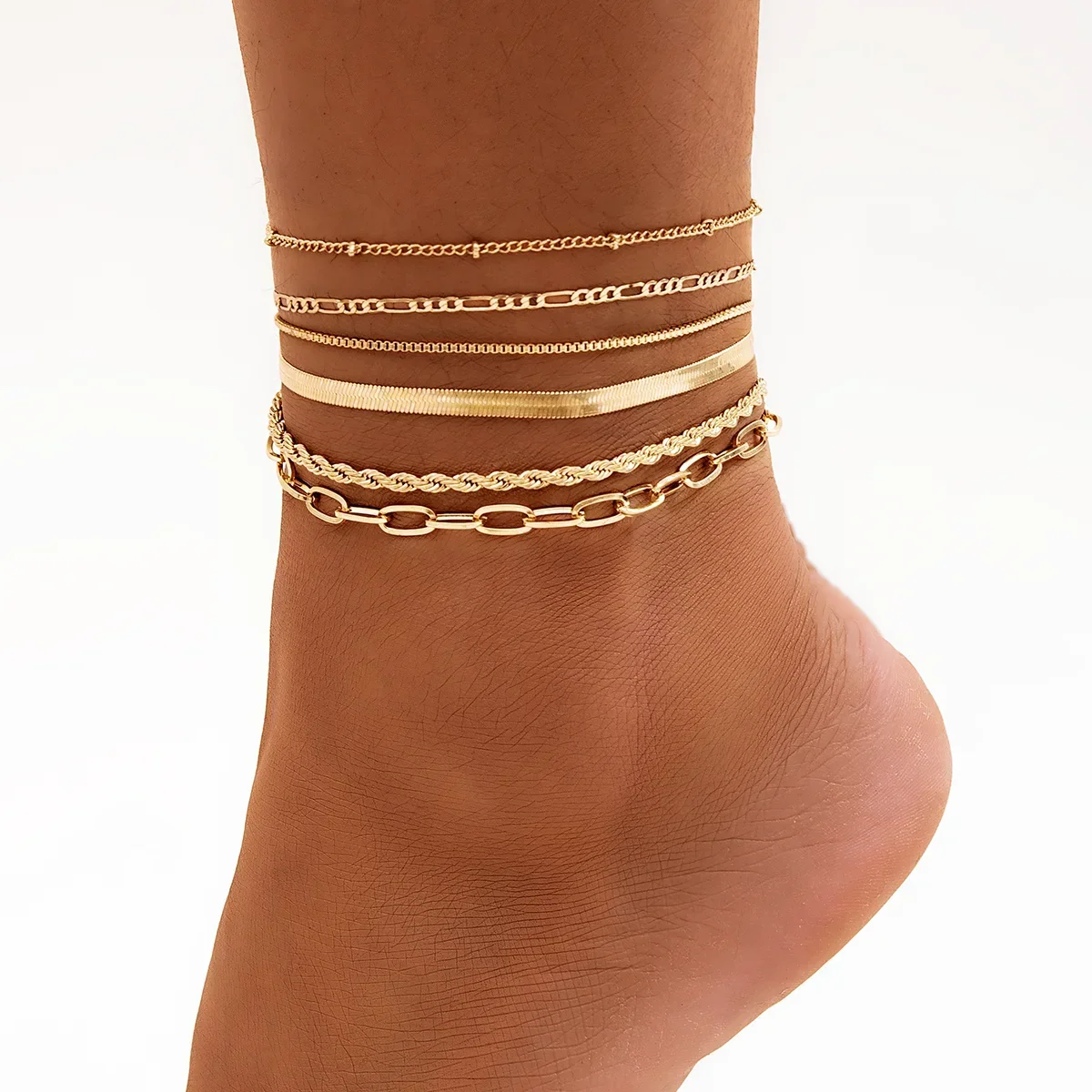 

6Pcs/Set Bohemian Twisted Flat Snake Chain Anklet For Women Summer Beach Vintage Foot Ankle Bracelet On Leg Jewelry